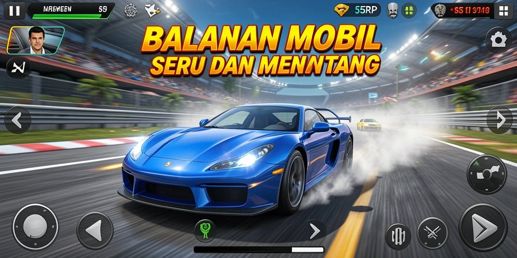 Tampilan gameplay balapan seru di 55RP dengan mobil yang melaju kencang.